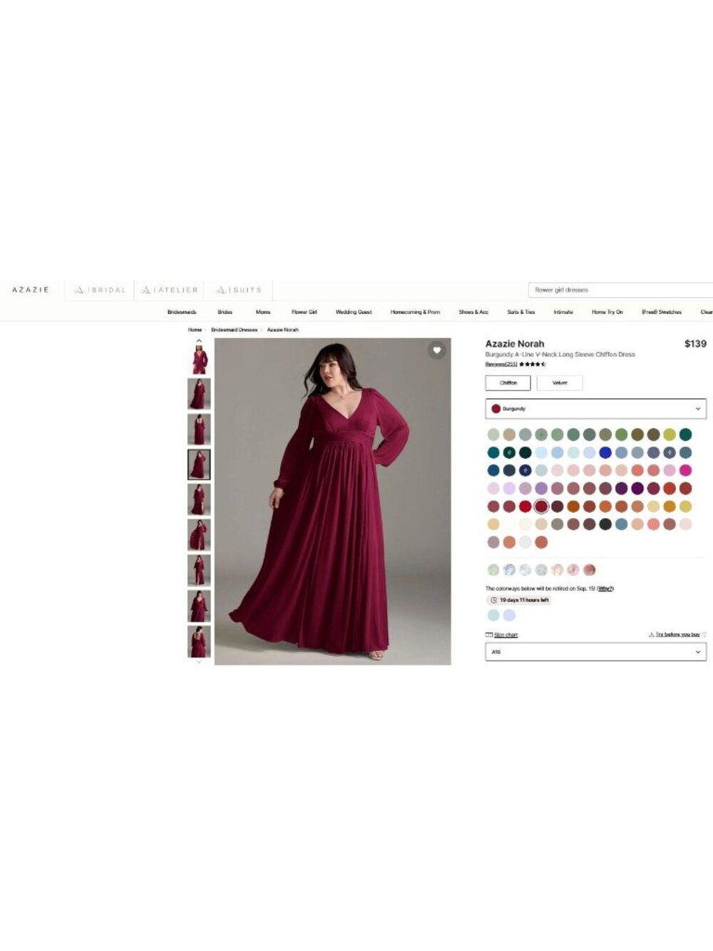 Azazie Norah Burgundy Chiffon Long Sleeve Bridesmaid Dress A16 NWT - Picture 15 of 16